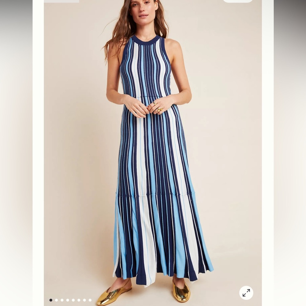 Anthropologie Maeve Lisanne Navy and Light Blue Striped Maxi Dress Size Medium